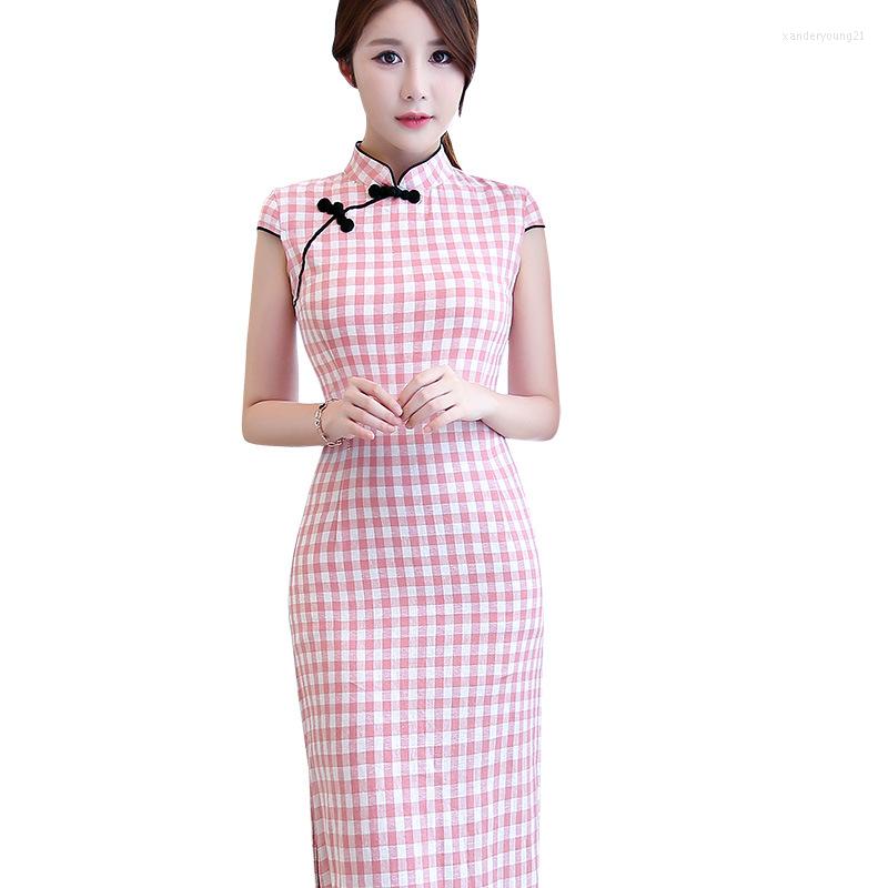 

Ethnic Clothing Fashion Daily Dress Retro Short-Sleeved Plaid Qipao Improved Female Mid-Length Cotton Linen Catwalk Cheongsam Vestido Chino