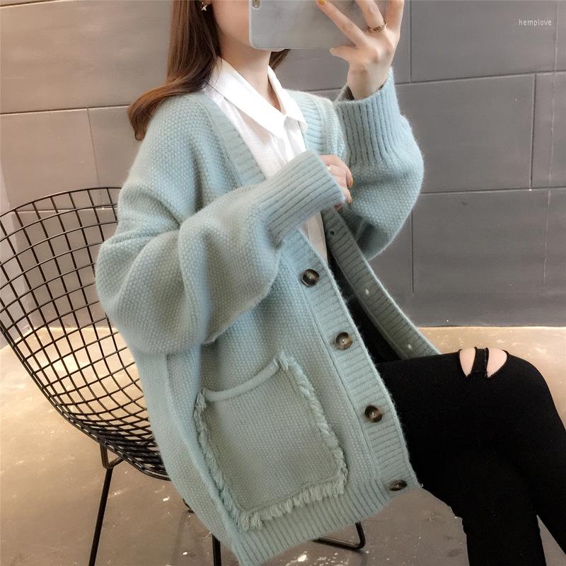 

Women's Knits Woman Sweater Cardigan Korean Style V-neck Knitted Lantern Sleeve Solid Color Buttons Woman's Clothing Drop LXJ22233, Random color