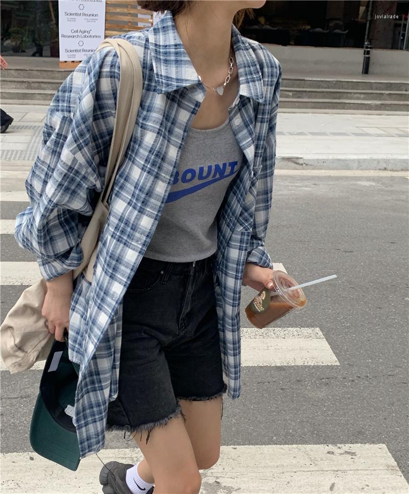 

Women's Blouses 2022 Blue And White Plaid Summer Loose Long-sleeved Sunscreen Shirt Mid-length Top Retro French Blouse