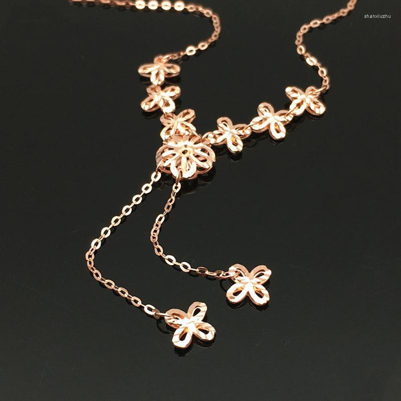 

Chains 585 Purple Gold Necklace Luxury Flower Tassel 14K Rose Pendant Romantic Sweet Engagement Party Jewelry