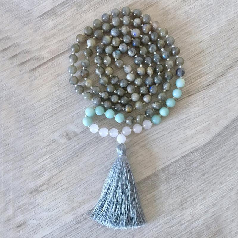 

Chains 8mm Amazonite & Labradorite Knotted Tassel Necklace Women 108 Beads Mala Boho Chakra Jeweley