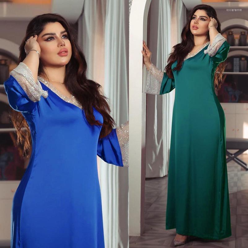 

Ethnic Clothing Muslim Fashion Women Dress Middle East Satin Stretch Mesh With Diamonds Kaftan Femme Musulman African Dresses Islamic