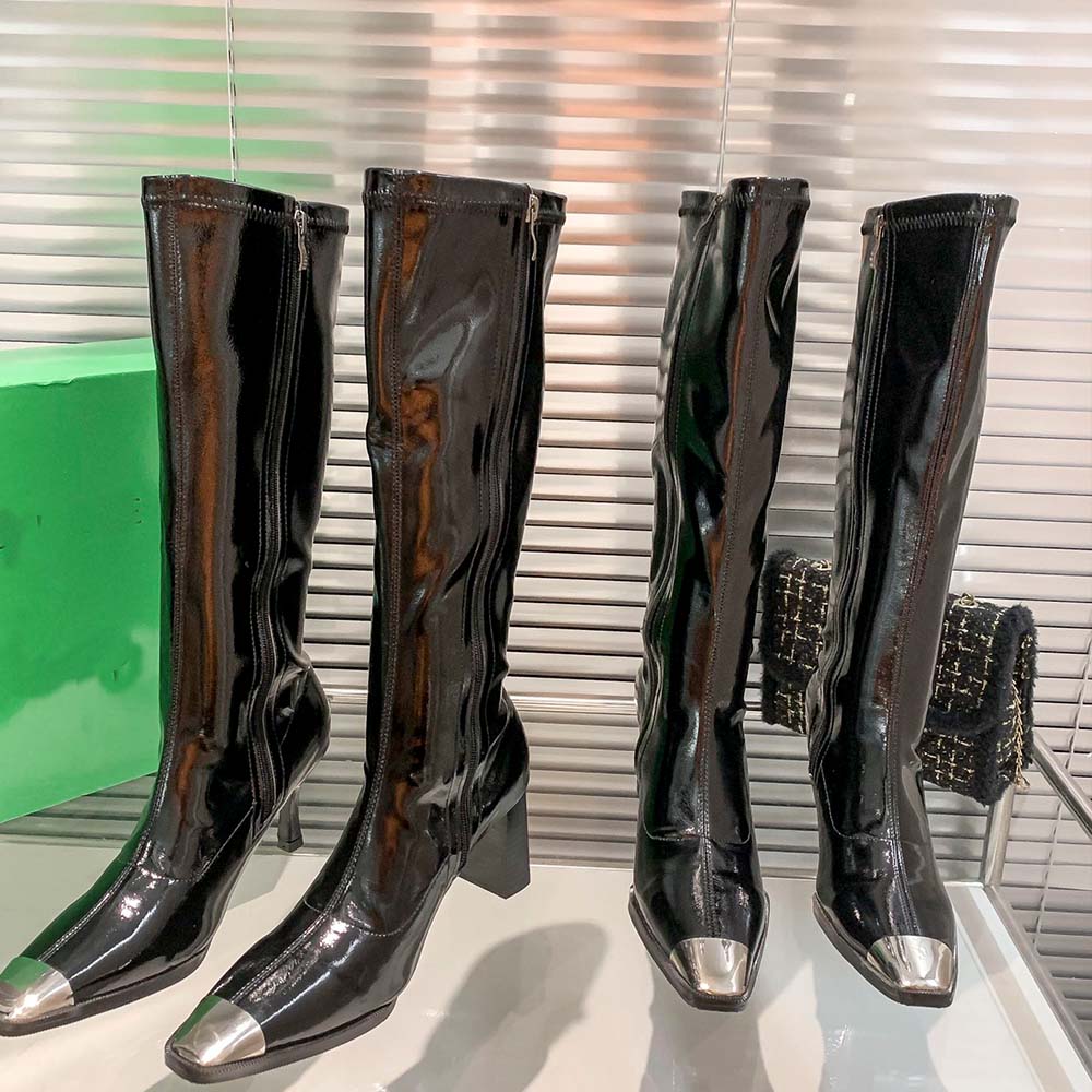 

Boots Designer Luxury Brand Autumn and Winter 2022 New Women's Patent Leather High Tube Side Zipper Slim Knight Boots, Black
