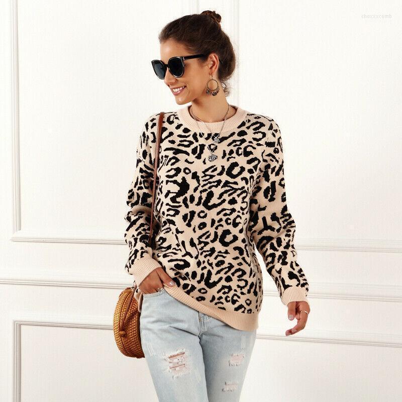 

Women' Sweaters Women' Leopard Print Winter Knitted Sweater Women O-neck Long Sleeve Loose Female 2022 Casual Autumn Overalls, Khaki