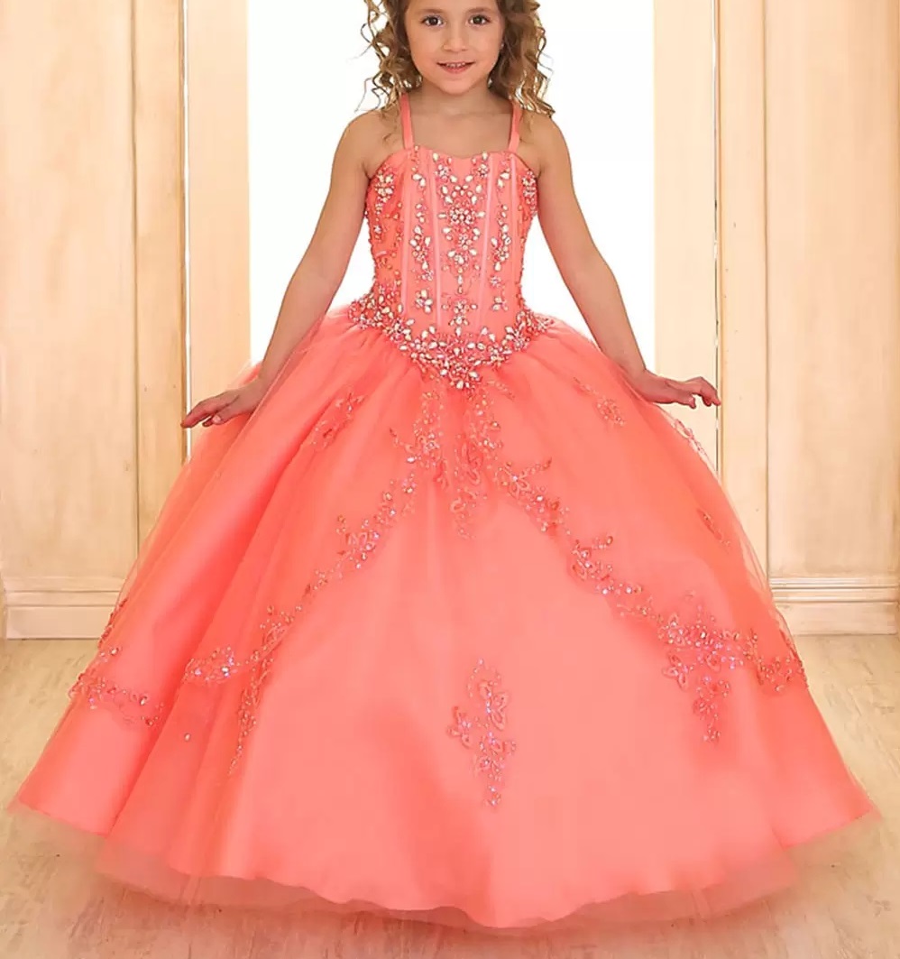 Coral Luxury Princess Ball Gown for Girls Pageant Dresses Sleeveless Flower Girl Dress With Jacket Beaded Little Girl