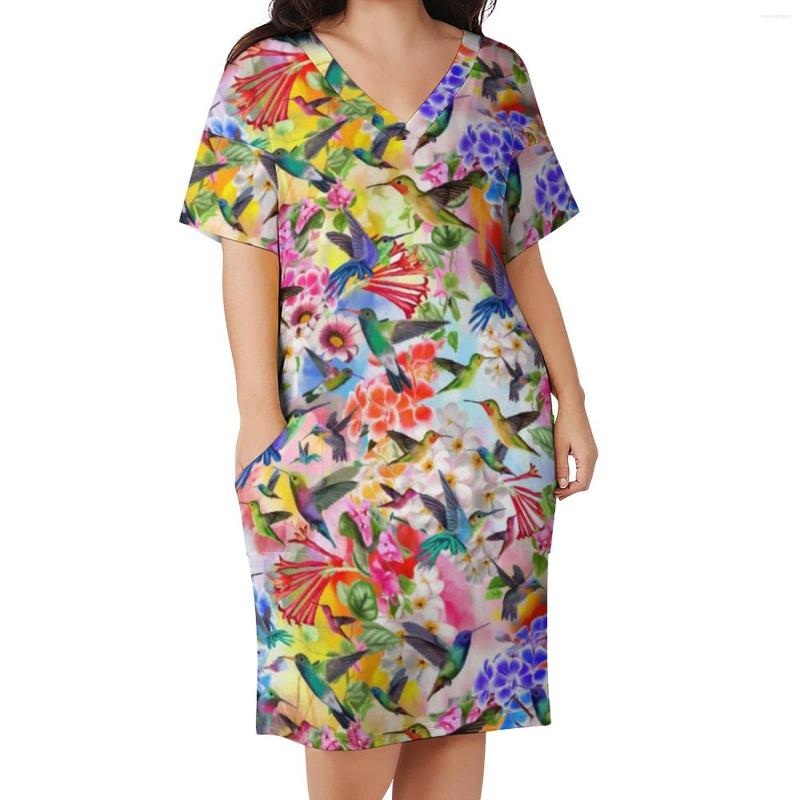 

Plus Size Dresses Humming Birds Casual Dress Spring Retro Flowers Print Modern Female V Neck Graphic Aesthetic, Style-16