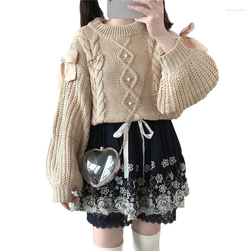 

Women's Sweaters Women's Vintage Sweet Bow Women Knitted Sweater Winter Kawaii Fashion Lantern Long Sleeve Jumper Female 2022 Crew Neck, Dark camel