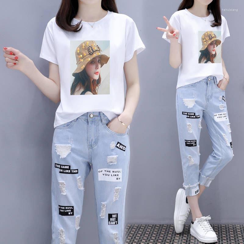 

Women' Two Piece Pants 4XL 2 Sets Womens Outfits Cotton Short Sleeve O-neck Tops Harem Summer Casual Jeans Set E107