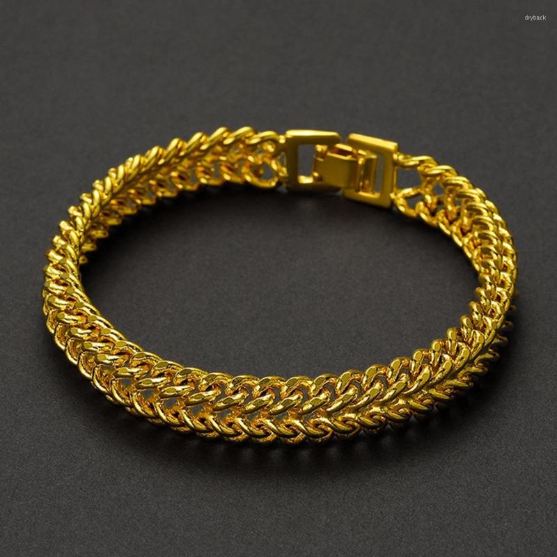

Link Bracelets 10mm Wide Men Bracelet Wrist Chain Solid 18k Yellow Gold Filled Classic Vintage Men's Jewelry 20cm Long
