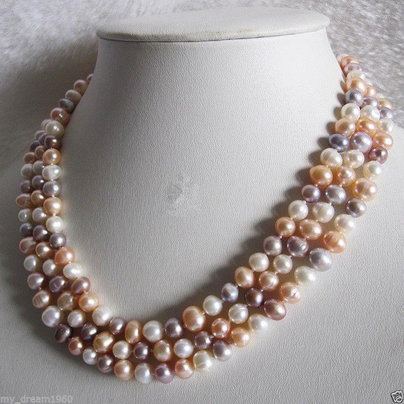 

Chains Genuine 3 Rows 8-9MM Natural White Pink Purple Freshwater Pearl Necklace