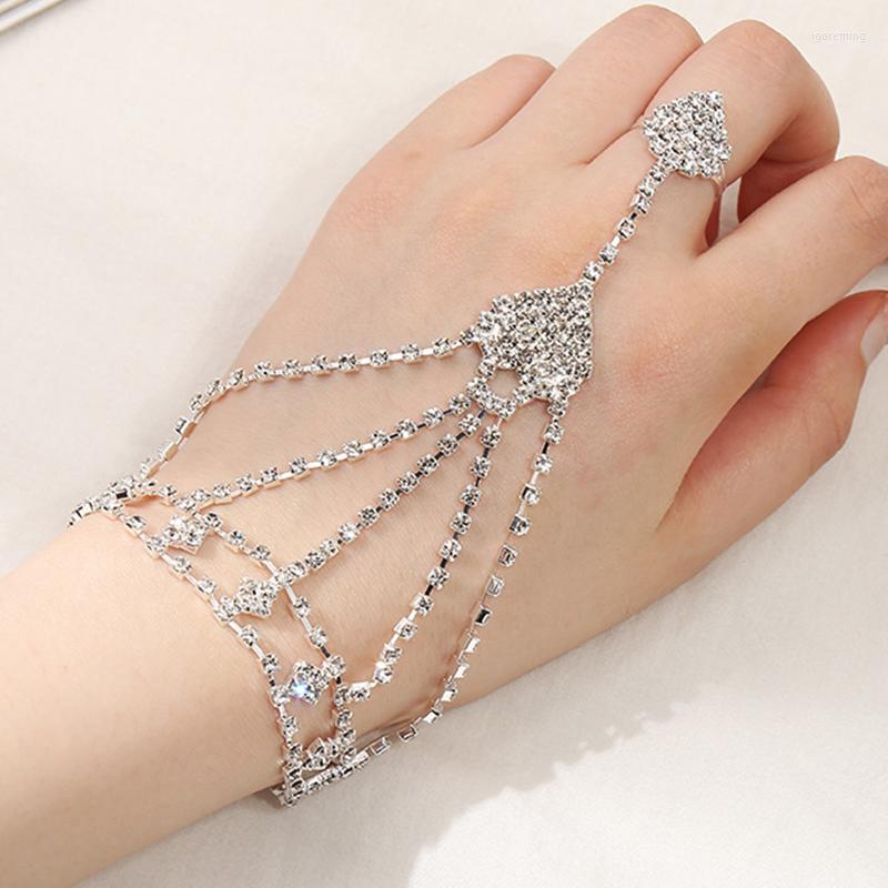 

Link Bracelets Rhinestone Bracelet With Finger Ring Silver Color Crown Wrist Simple Chain For Women Charms Lady Trendy Jewelry