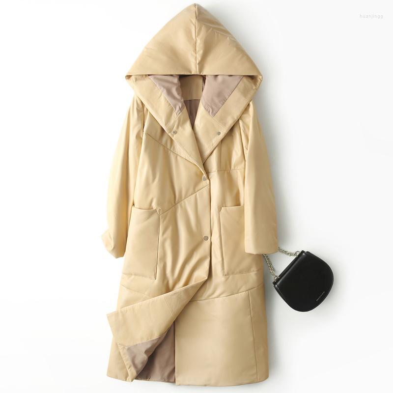 

Women's Leather Women Black Long Jacket Fashion High Street Sheepskin Coat Genuine Women's Hooded Down Zm