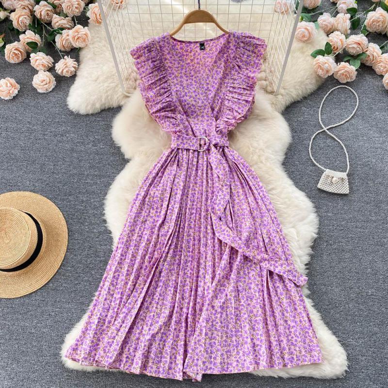 

Casual Dresses Vintage Robe Longue Femme Sleeveless Ear Side Broken Flower Pleated Dress 2022 Summer Fashion Women's Wear Sweet Vacation