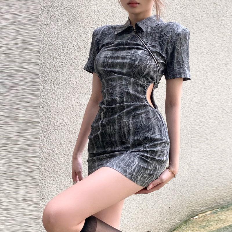 

Party Dresses Summer Women Lapel Collar Skew Zippers Slim Harajuku Short Sleeve Gray Gothic Tie Dye Lady Hollow Out Sexy Mini Dress