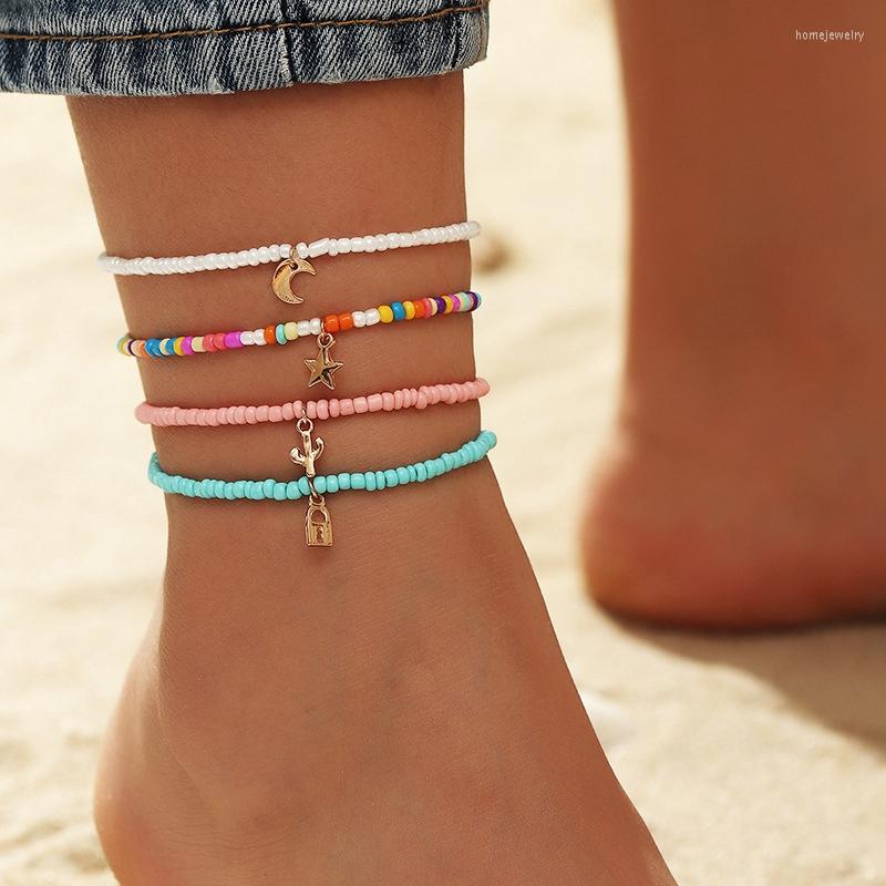 

Anklets 4 Pcs Foot Chain Anklet Fashion Lock Pendant Charm Jewelry For Women Kids Accessories Hawaii Holiday Party