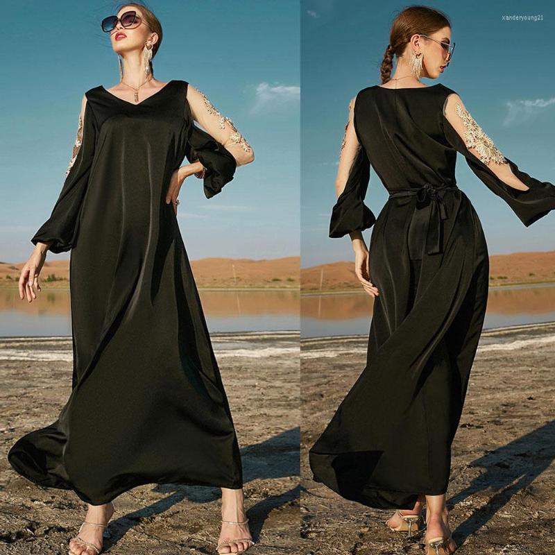 

Ethnic Clothing Elegant Luxury Embroidery Women Long Dress Muslim Abaya Islamic Arab Party Gown Mesh Puff Sleeve Hollow Maxi Robe Dubai
