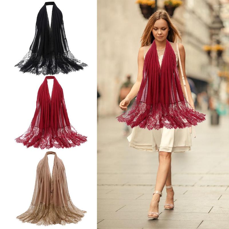 

Bandanas L Women Lace Flower Patchwork Wrap Shawls Solid Color Lady Head Scarf Soft Cotton Female Muslim Turban Hijab