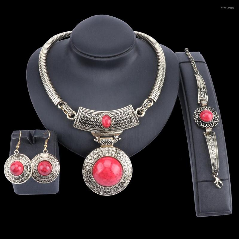 

Necklace Earrings Set Brand Gold Color Jewelry Luxury Nigerian Woman Wedding 3Pcs/Set Women Retro Style Gem Shape Charm, Picture shown