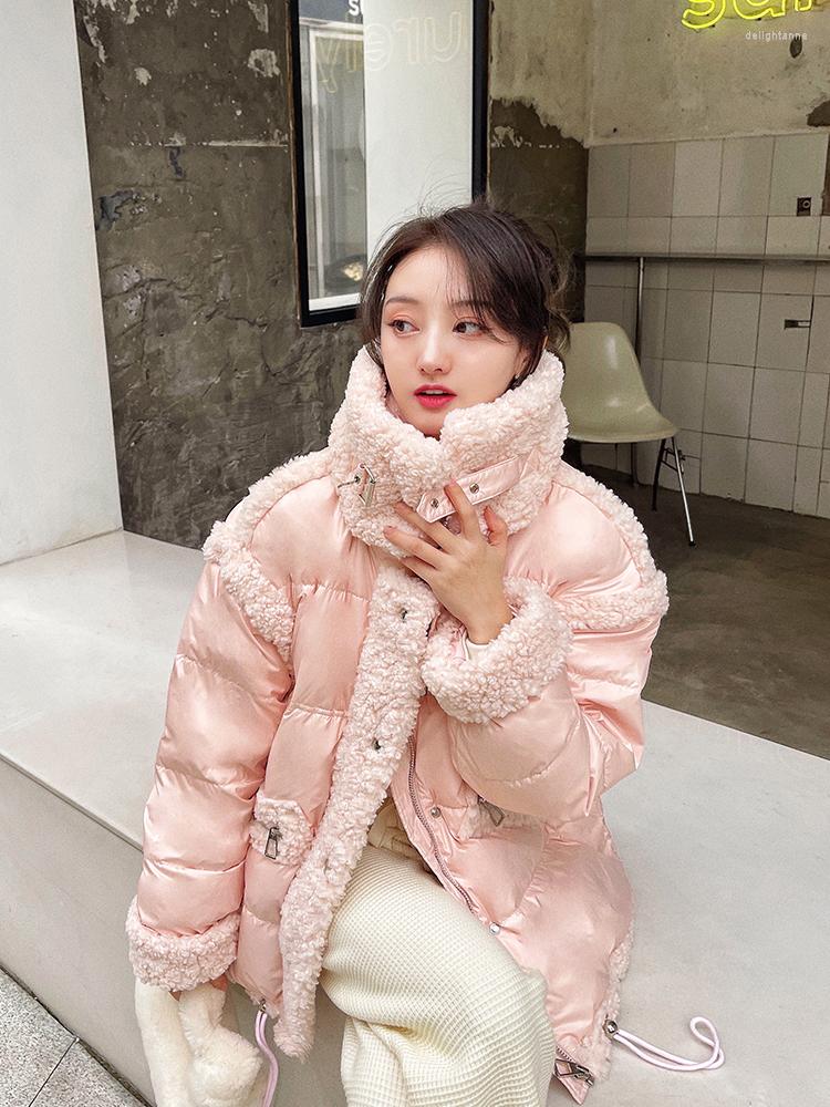 

Women' Down Lamb Wool Stitching Jacket 90White Duck Winter Warm Parka Coat Female, Black