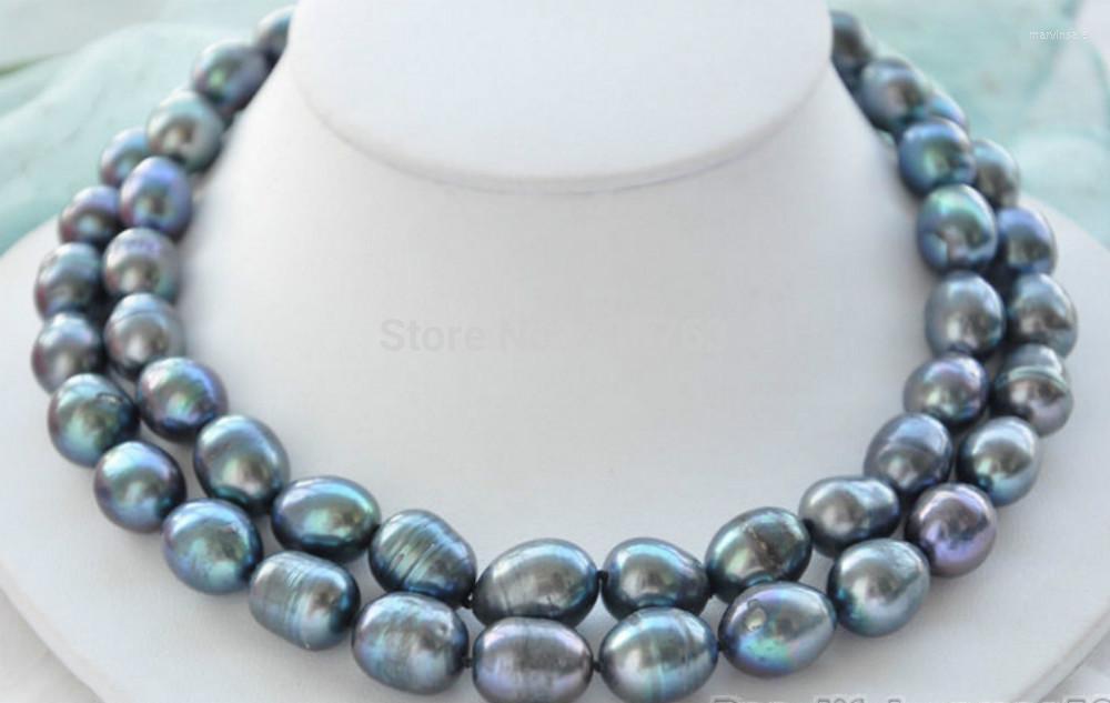 

Chains 2strands Huge 11-12mm Peacock Black Rice Freshwater Pearl Necklace
