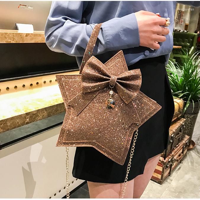 

Evening Bags Ladies Five-Pointed Star PU Leather Shoulder Bag Women's Lolita Handbag Harajuku Bowknot Chain Messenger Cross Body, Brown