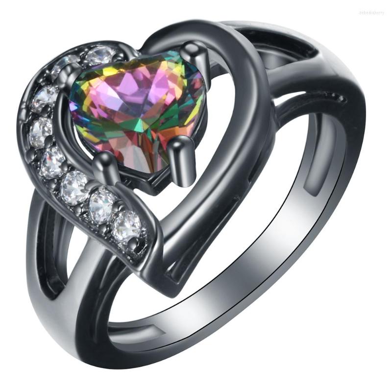 

Wedding Rings Romentic Heart Love Ring In CZ Zircon Black Gold-color Rainbow Crystal 2022 Vintage Jewelry