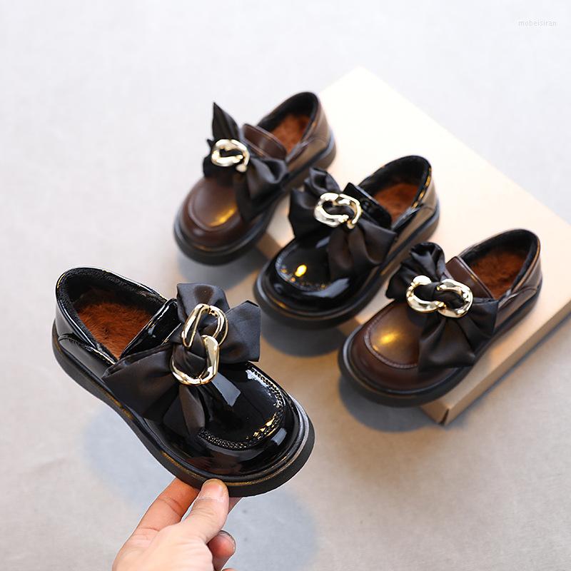 

Flat Shoes Autumn Winter Girls Leather Kids Casual Flats Children Sneakers Slip-on Warm Metal Buckle With Ribbon Bowtie Princess Soft, Brown