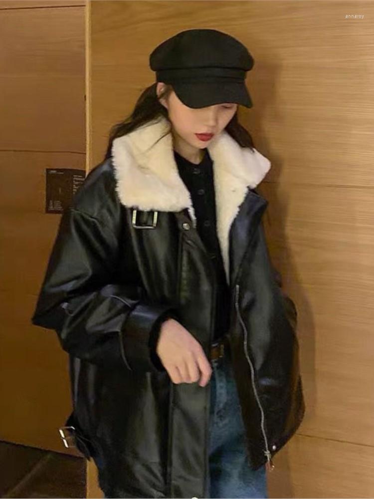 

Women' Leather Large Size Warm Jacket Women 2022 Winter Imitation PU Plus Velvet Lamb Wool Lining Outwear, Black