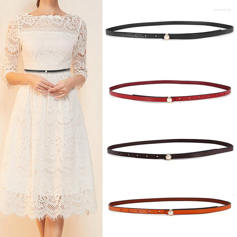 

Belts Women Genuine Leather Gold Pearl Buckle Thin Skinny Waistband 2022 Female Dress Belt Strap Fashion Women's, White