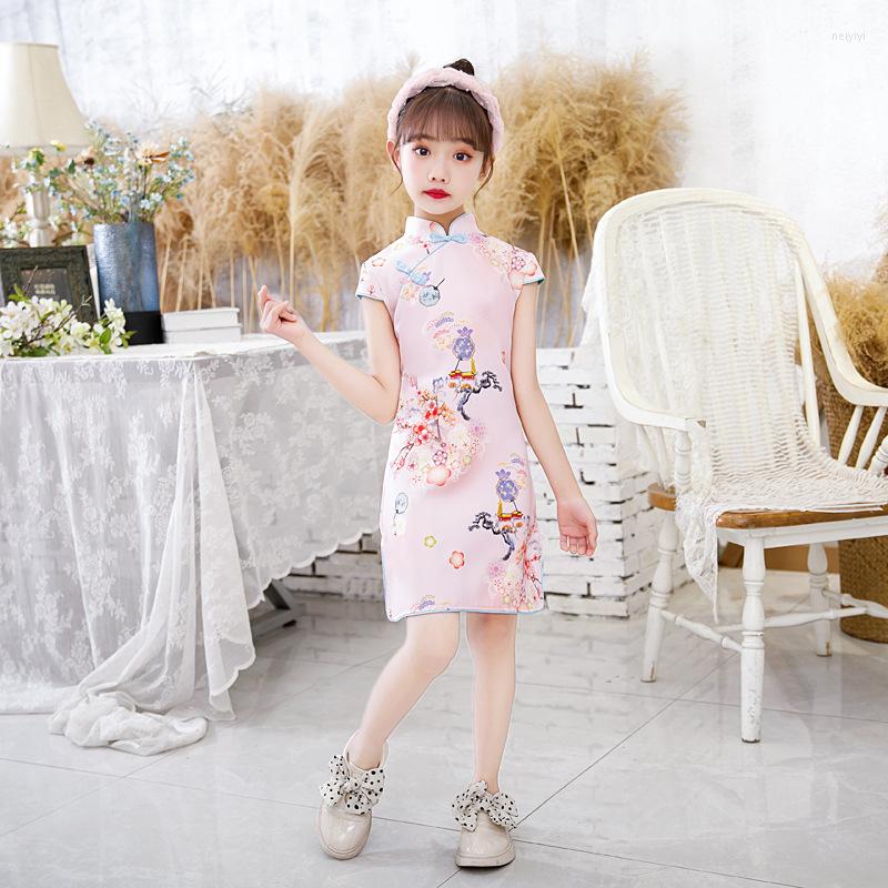 

Ethnic Clothing Cheongsam Children's Clothes Summer Chinese Style Long Qipao Dresses Fashion Flower Printing Skirts Formal Party