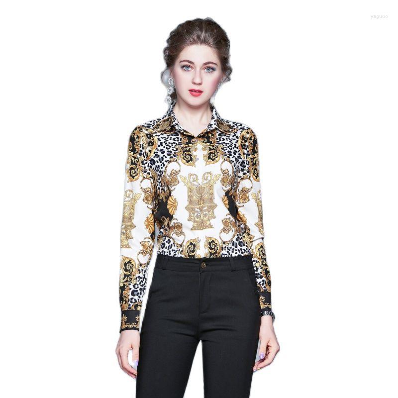 

Women' Blouses Luxury Vintage Runway Women' Shirt 2022 Autumn Baroque Printed Long Sleeve Female Button Up Slim Leopard Tops, Gold