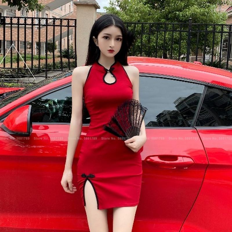 

Ethnic Clothing Women's Retro Red Cheongsam Nightclub Sexy Tight Mini Dress Fashion And Elegant Oriental Lady Split Slim Chinese Style