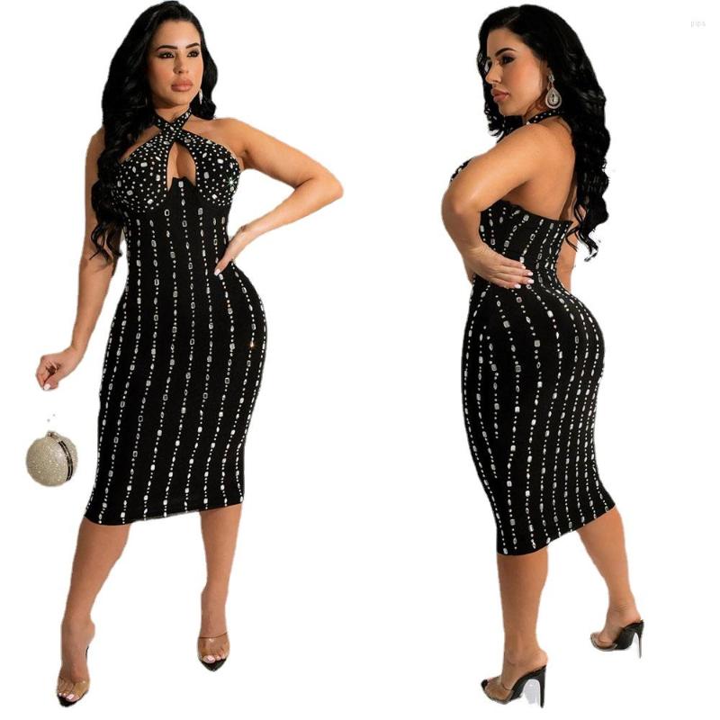 

Casual Dresses Chiclover Lace Up Halter Summer Dress Slim Drill Sexy Party Women Evening Elegant Hollow Out Wolesale Drop, Black