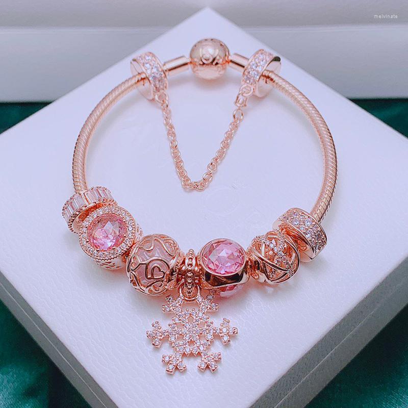 

Charm Bracelets Finished Complete Rose Gold Plated Bracelet With Pink Charms For Women Fit European Beads Jewelry-Snowflake