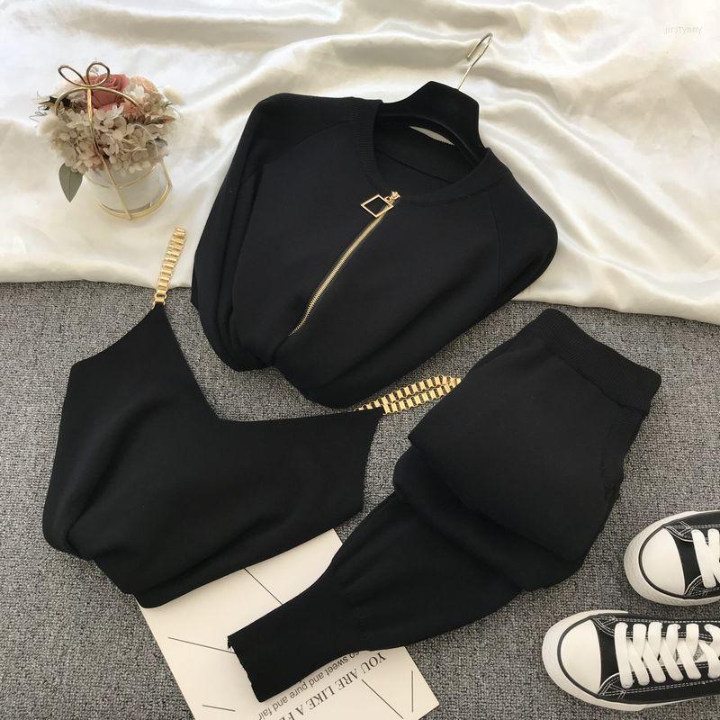 

Women's Two Piece Pants Fashion Women Sets 2022 Autumn Winter Knitted Vest Zipper Cardigans 3pcs Tracksuits Outfits Women's Clothing, Khaki