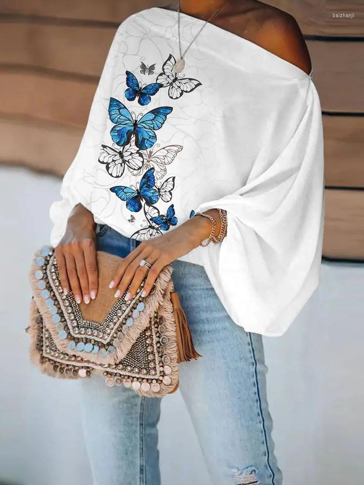 

Women' Blouses Fashion Butterfly Printed Lantern Sleeve Blouse Shirt Women Summer Elegant Off Shoulder Tops Office Ladies Casual Loose, 03 blue