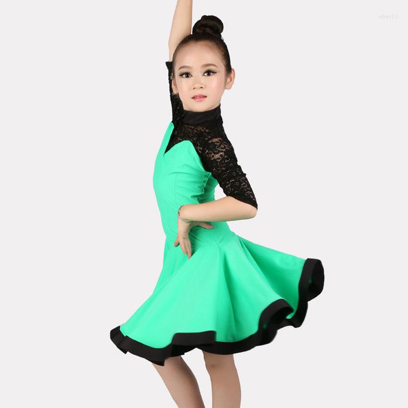 

Stage Wear Top Quality Black Lace Mid-Sleeve Spandex Bodice Latin Dance Dress For Girls Performance Or Practice A0018, Green