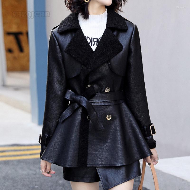 

Women's Leather Women's Jacket Winter Casual Medium And Long Double Breasted Slim Belt Lapel Of Suit Sheepskin Genuine, Black