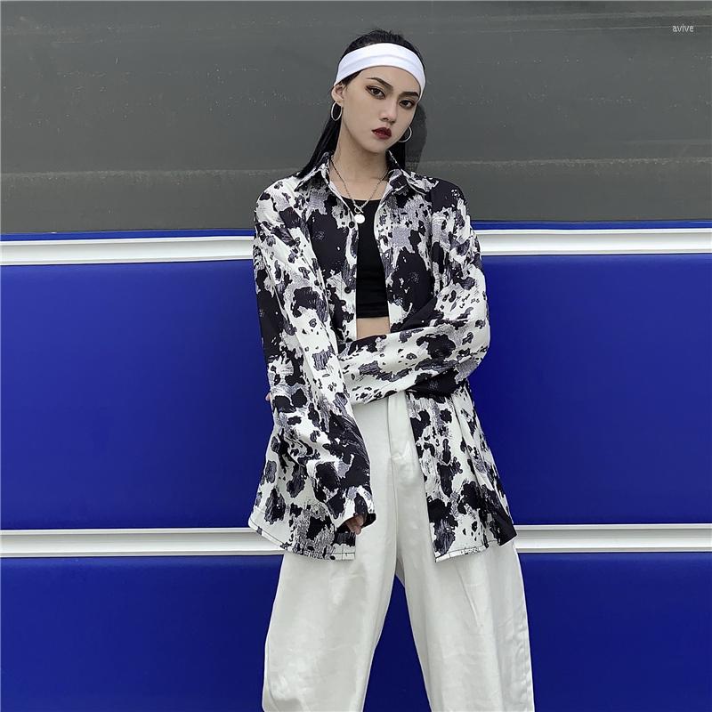 

Women's Blouses Oversized Loose Streetwear Ladies Tops 2022 Autumn Retro Ink Tie-dye Casual Men And Women Long-sleeved Mid-length Shirt, Black