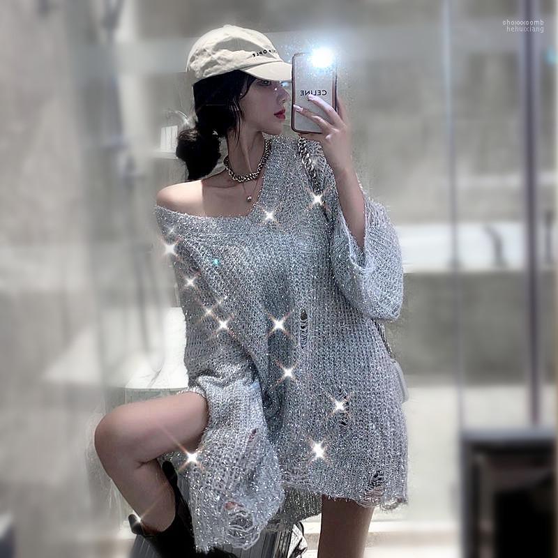 

Women's Sweaters Women's Spring Summer Women Sweater Jumper Pullover Casual Loose V Neck Shiny Silver Blouse Shirt Top Plus Femininas, Black