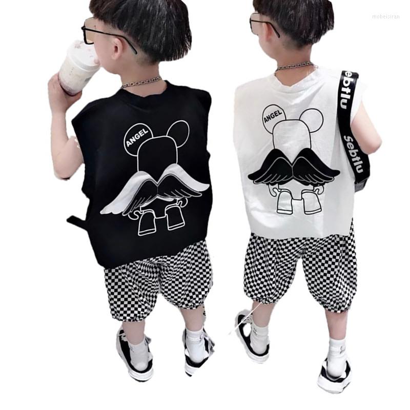

Clothing Sets 2-9Y Baby Boy Vest Suit 2022 Kids Fashion Summer Clothes Tank Top T-shirt Plaid Shorts Two Piece Set Winged Cropped Pants, Black