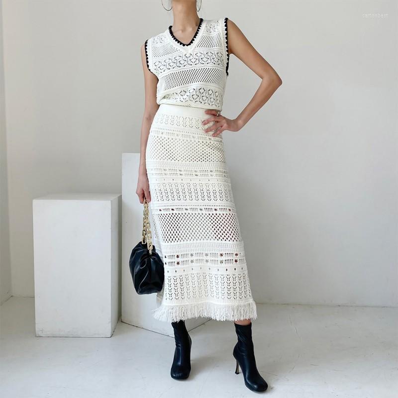 

Work Dresses Summer Elegant 2 Piece Outfits For Women Sleeveless Tank Tassels Hip Wrap Maxi Skirt Fashion Ladies Solid Hollow Knit Suit