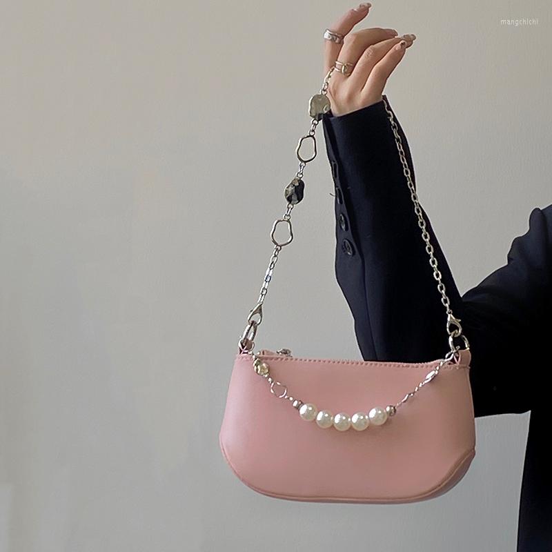 

Evening Bags Pearl Chain Shoulder Bag For Women Fashion Pink Ladies Saddle Messenger PU Leather Small Clutch Handbags Underarm