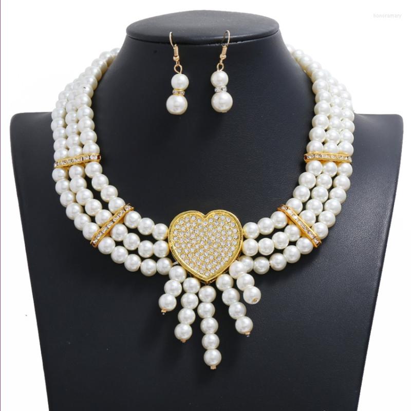 

Necklace Earrings Set Romantic Light Yellow Gold Color Imitation Pearl Pendant Love Heart With Rhinestone For Women, Picture shown