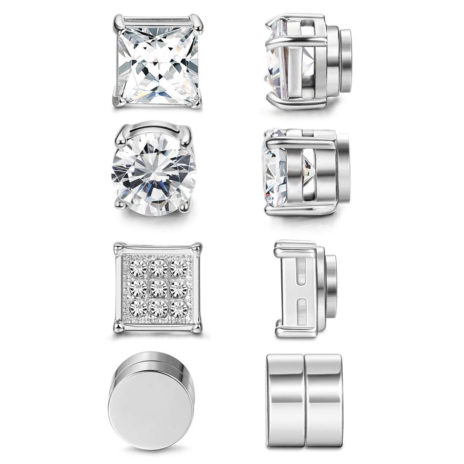 

4 Pairs Stainless Steel Magnetic Stud Earrings for Men Women Black Silver Tone CZ Non-Piercing Clip On Stud Earrings Set 8MM275b