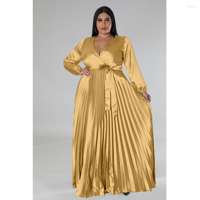 

Plus Size Dresses Elegant Women Pleated Dress V Neck Long Sleeve Folds Lace Up Party Club Sexy Vestidos Female Clothings, Black