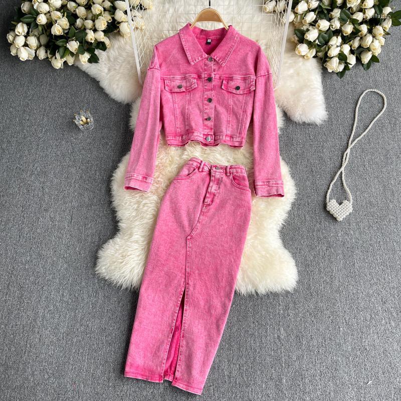 

Work Dresses Turndown-Collar Single Breasted Short Outerwear Sexy Split Long Skirts Two Piece Suits Women Autumn Winter Denim Set, Pink