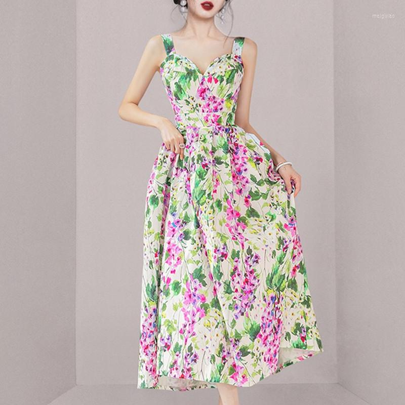

Casual Dresses Summer Elegant Spaghetti Strap Sleeveless Print Fashion Dress Female High Waist Office Lady Women Party Maxi Vestidos, Picture color