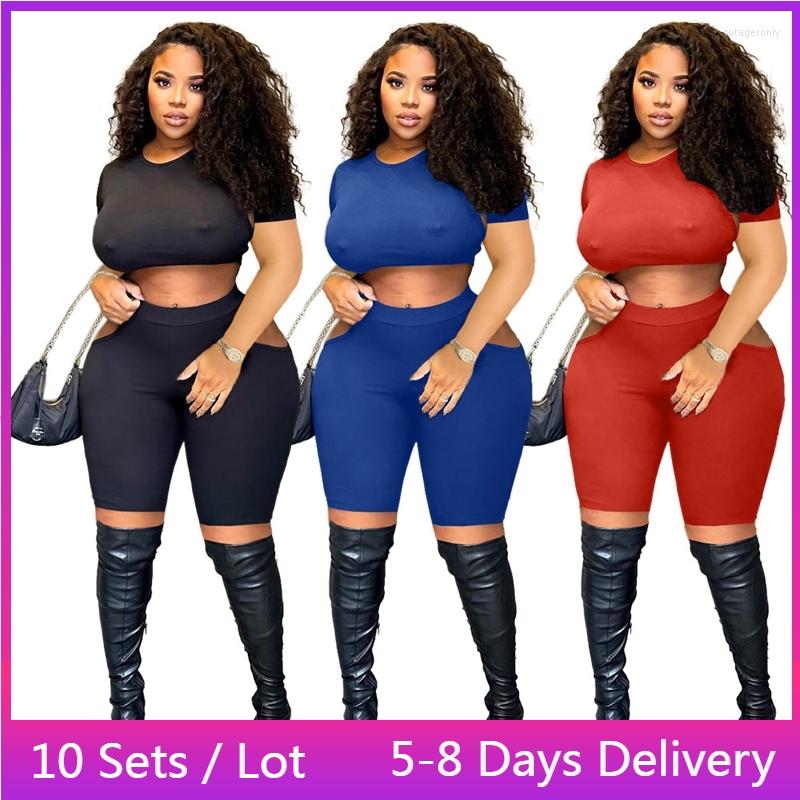 

Women's Tracksuits Wholesale Items Hollow Out Two Piece Set Women Clubwear Summer Sexy Fashion Matching Sets Short Sleeve Crop Top Shorts, Black
