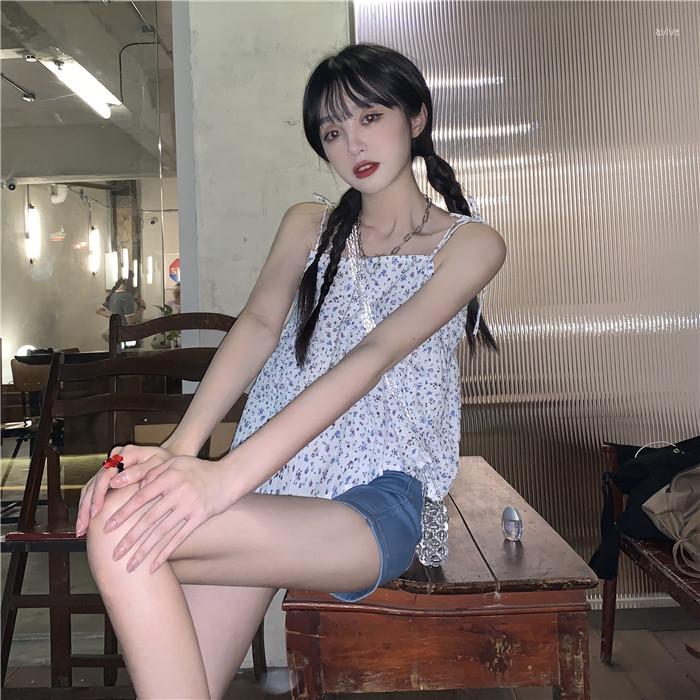 

Women's Blouses 2022 Summer Sling Lace Waistcoat Floral Sweet Short Drape Loose Top Wearing Sexy Blouse Female, White